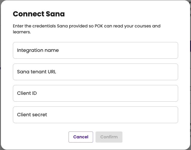 New integration dialog in POK showing the Sana form: integration name, Sana tenant URL, Client ID and Client Secret