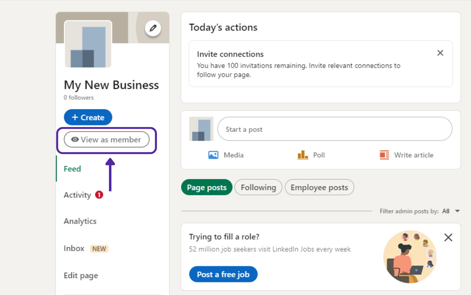 The View as member option on a LinkedIn company page