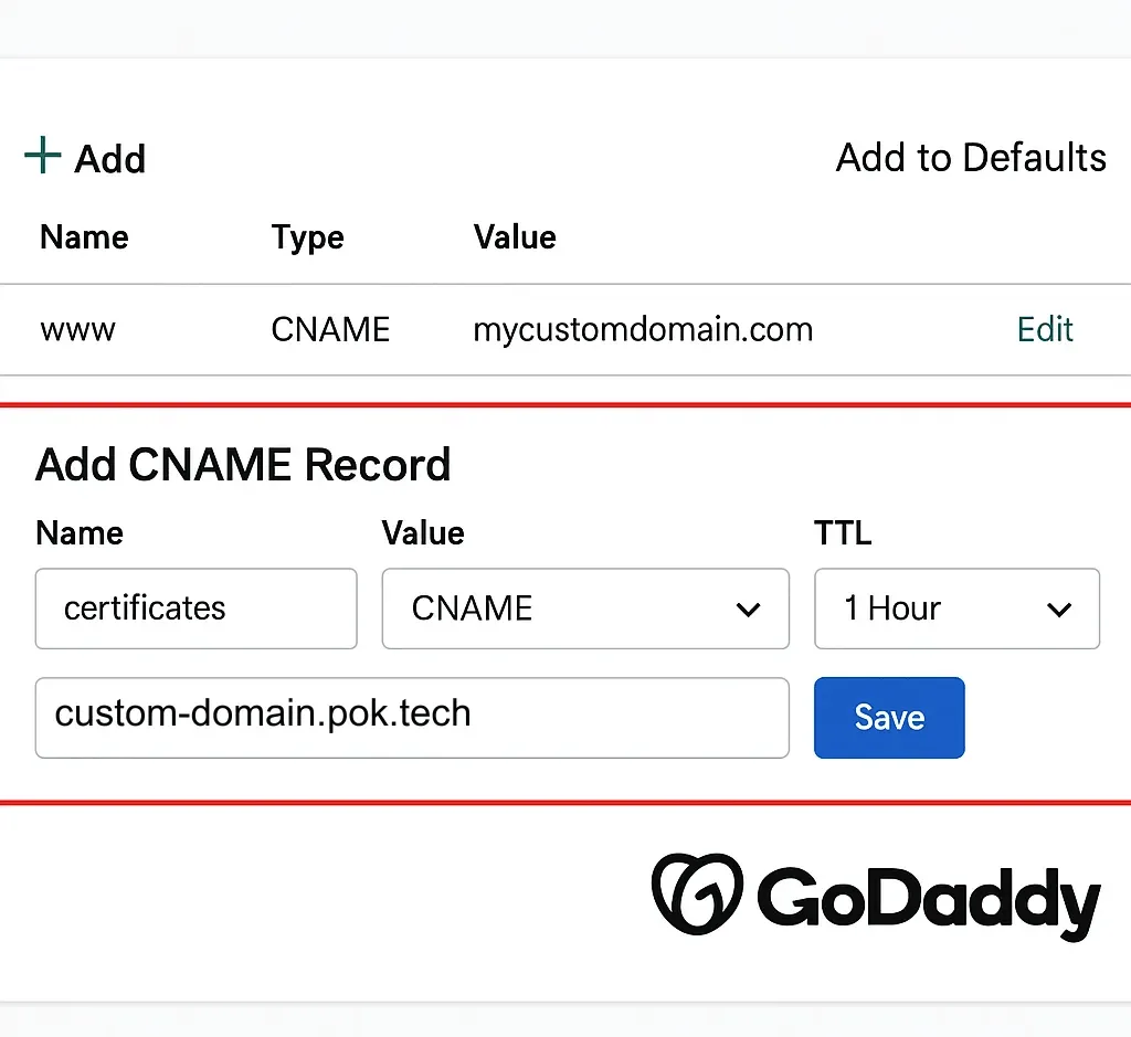 CNAME record form in a domain provider's DNS settings, with the subdomain as the name and custom-domain.pok.tech as the target