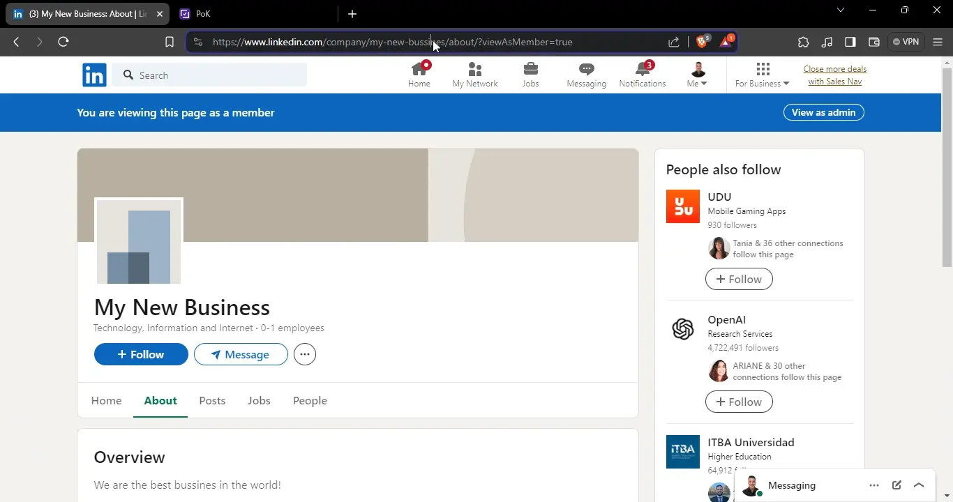 Pasting the company page URL into the User profile link field in POK