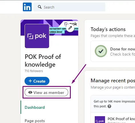 The View as member option on a LinkedIn school page