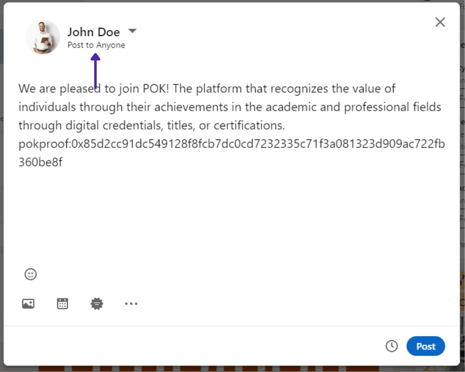 LinkedIn post composer with the POK Proof code pasted into the post