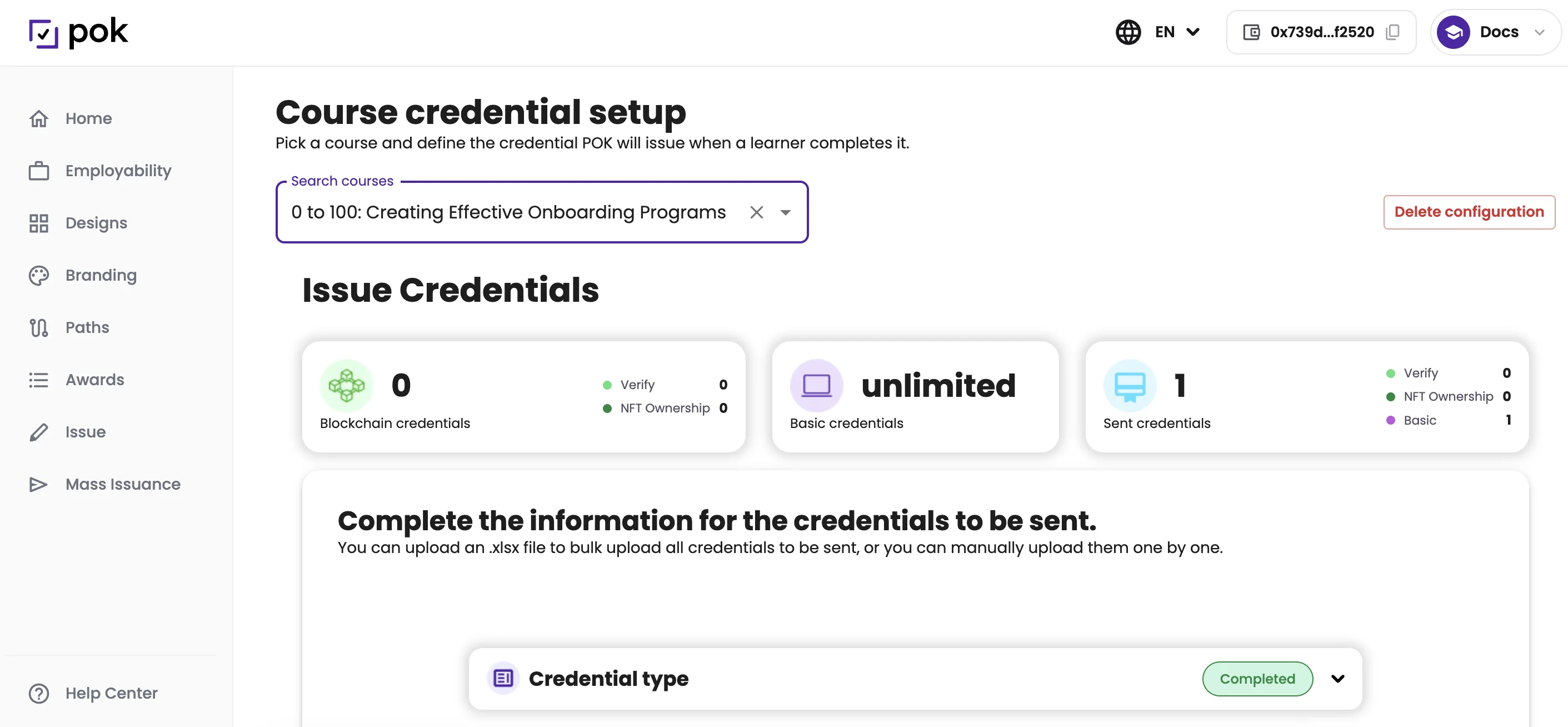 POK course credential setup page with the course selector and the credential configuration form