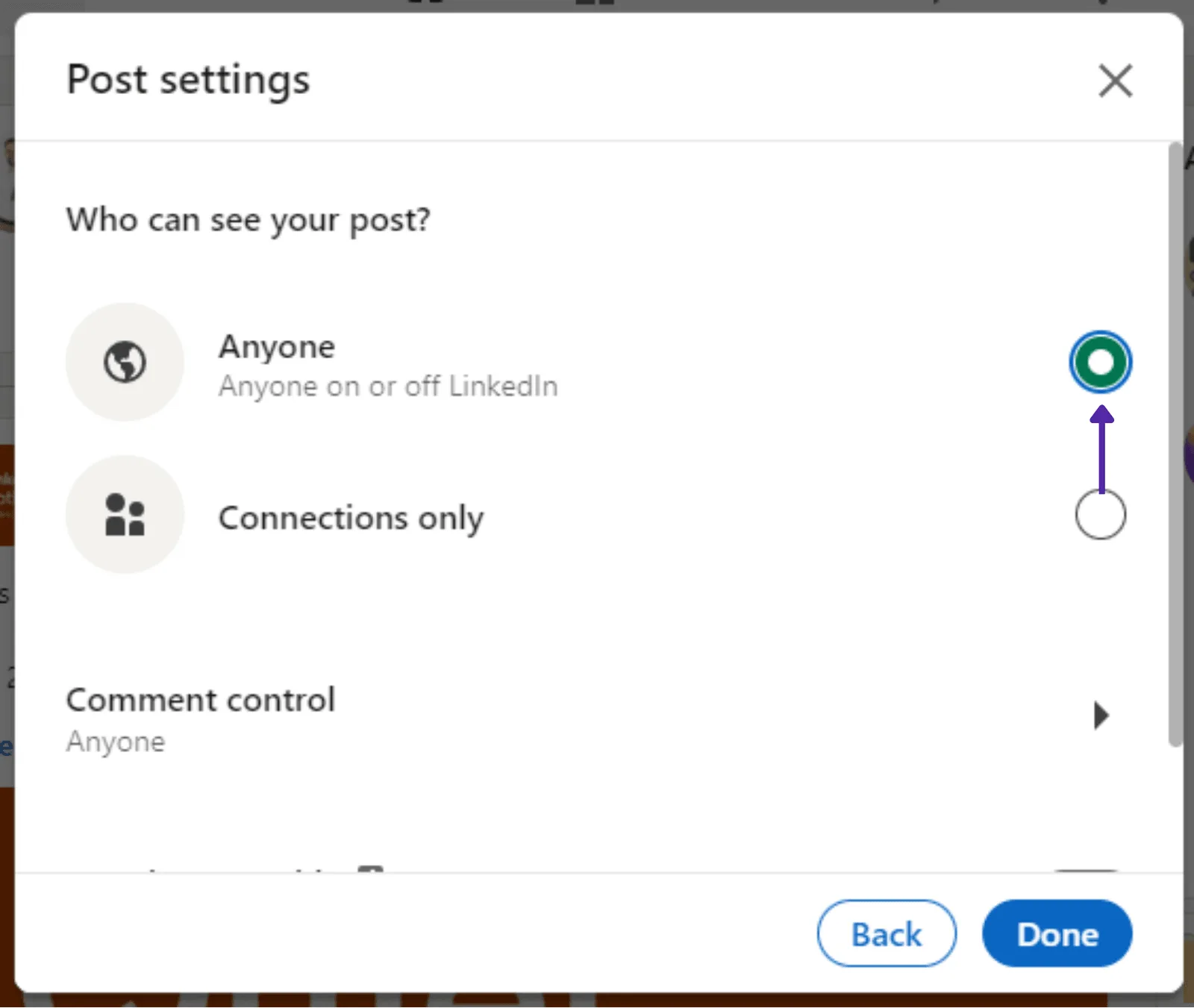 LinkedIn visibility settings with the option Anyone on or off LinkedIn selected