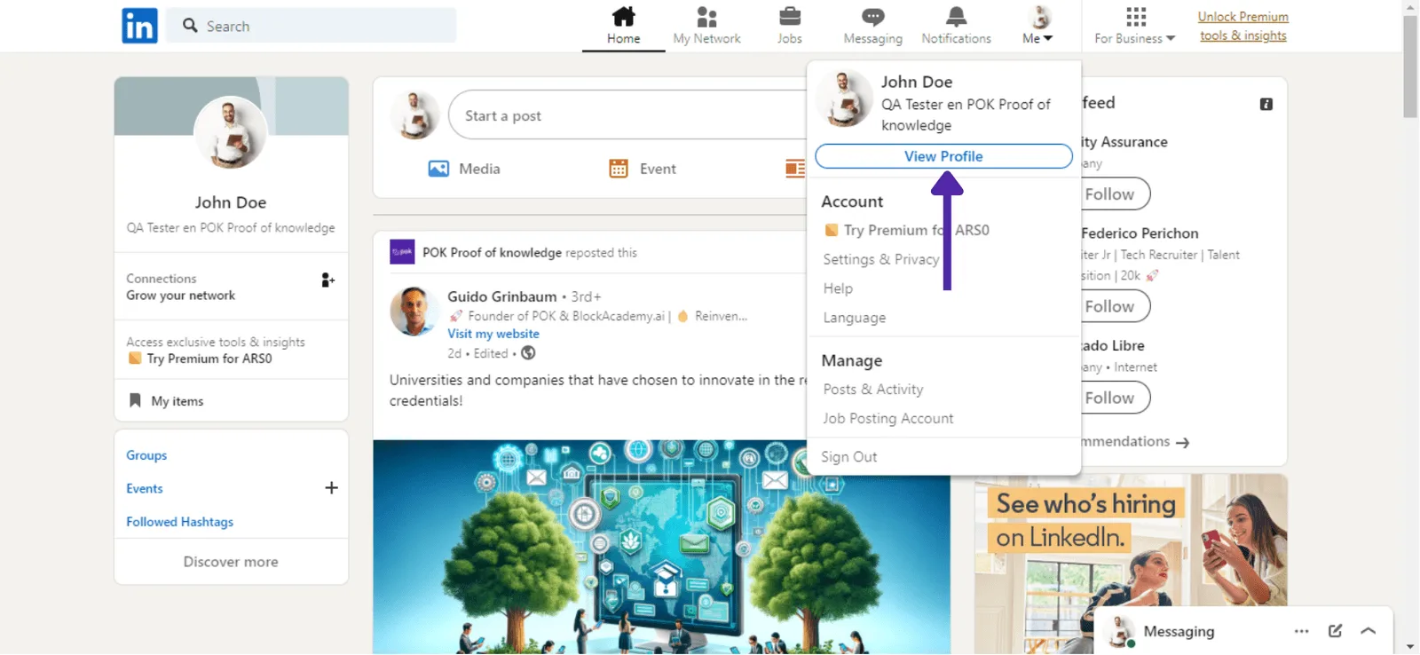 The View Profile option in the LinkedIn account menu