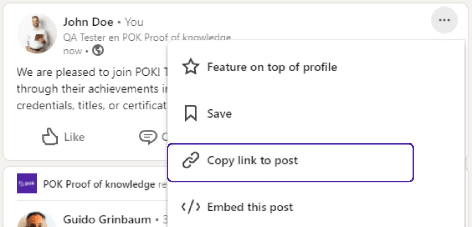LinkedIn post menu with the Copy link to post option highlighted