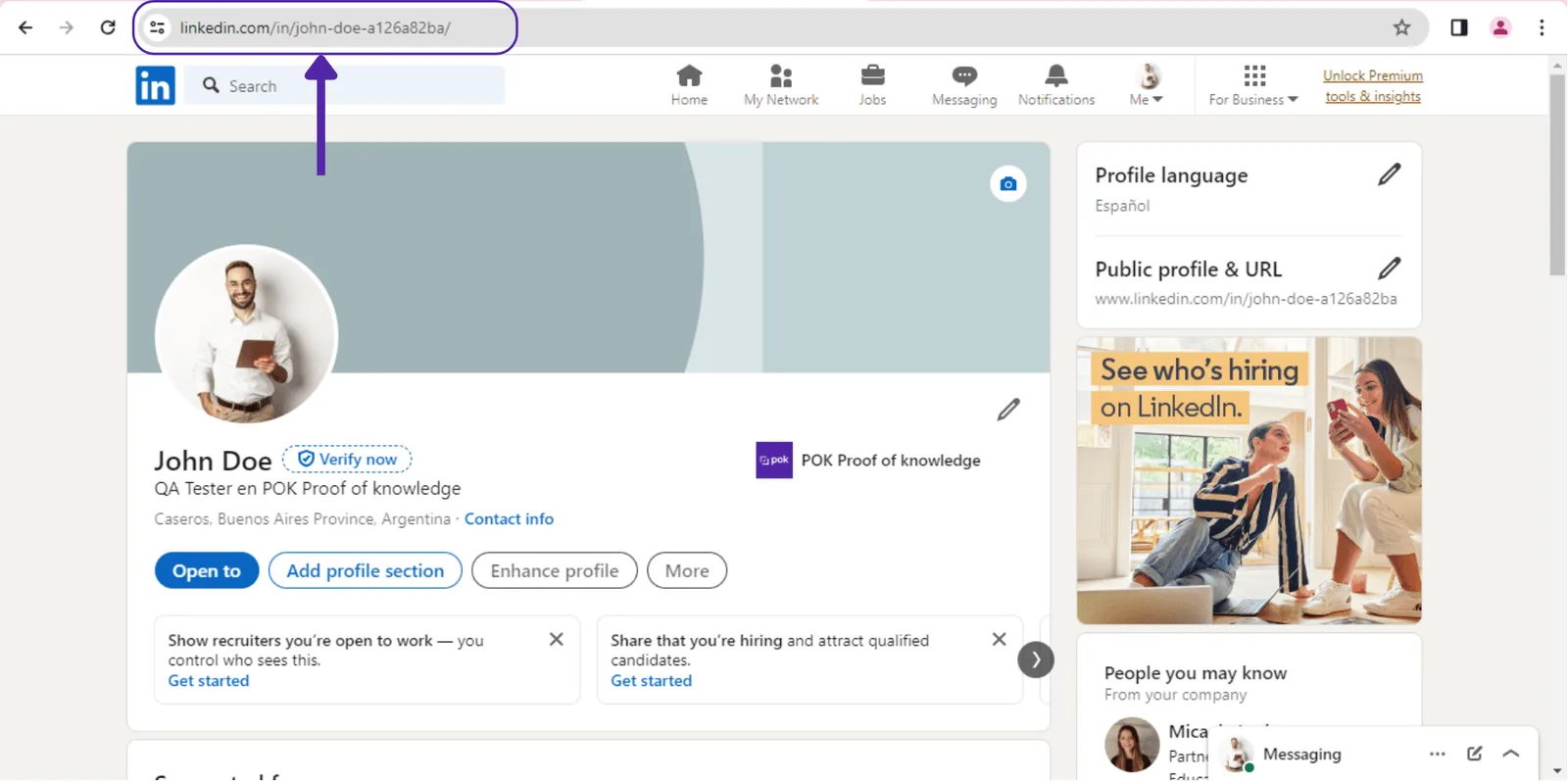 Copying the profile URL from the browser address bar