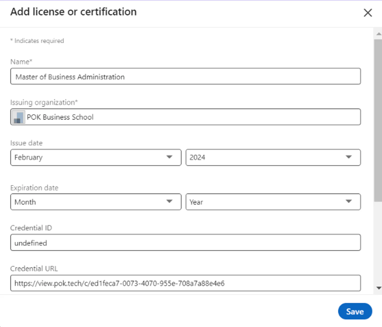 LinkedIn form for adding the certificate as a license or certification