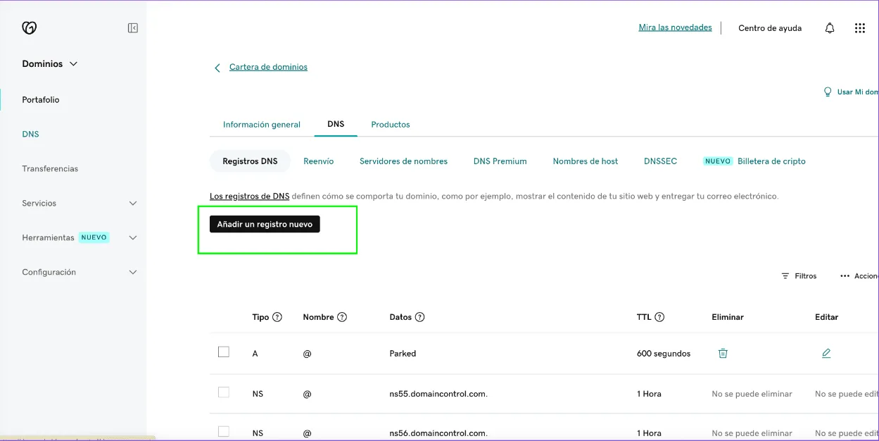 Add a new record option in the DNS settings