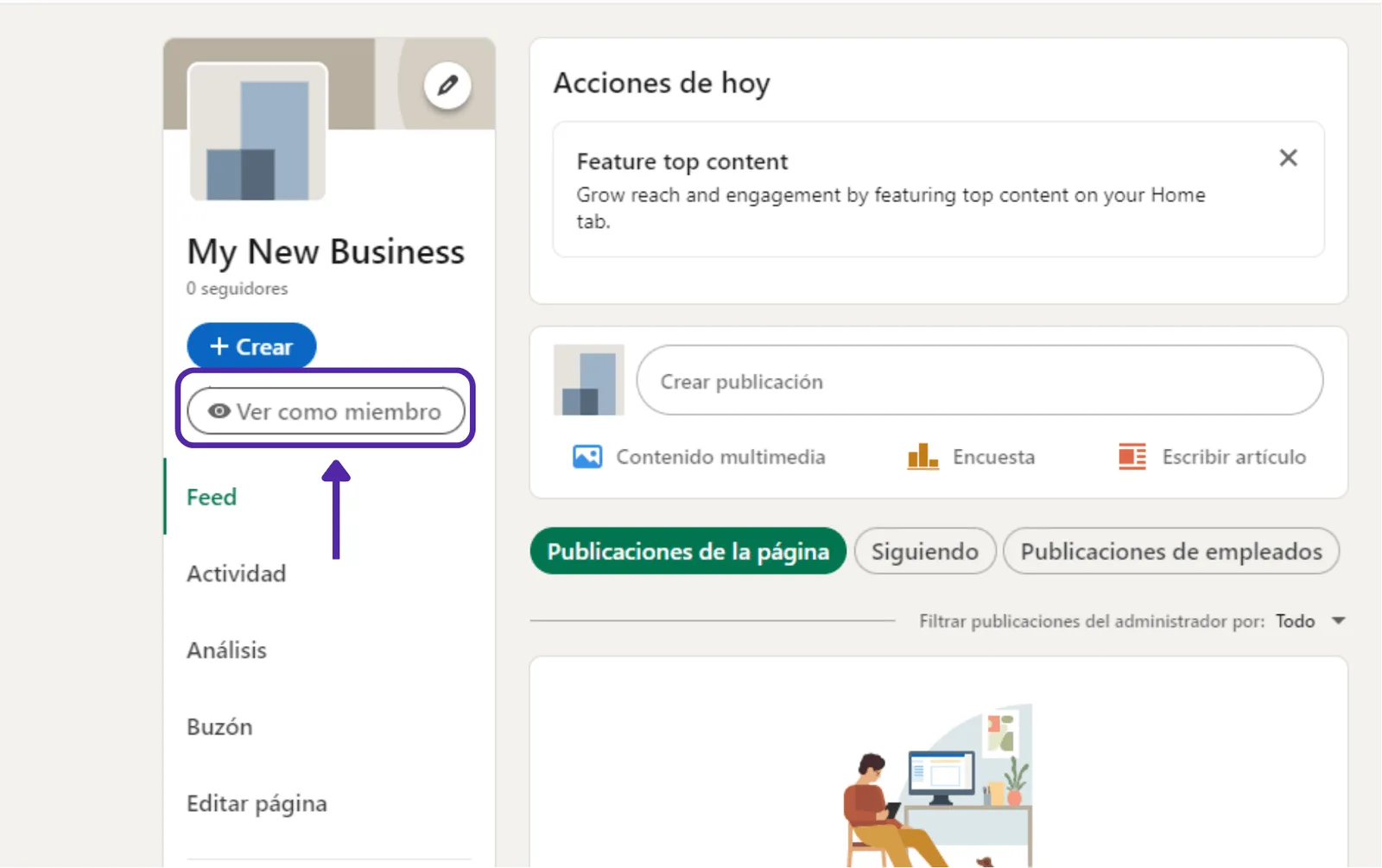 La opción Ver como miembro en una página de empresa de LinkedIn