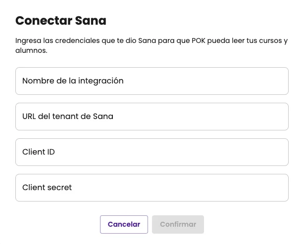 Diálogo de nueva integración en POK con el formulario de Sana: nombre de la integración, URL del tenant de Sana, Client ID y Client Secret