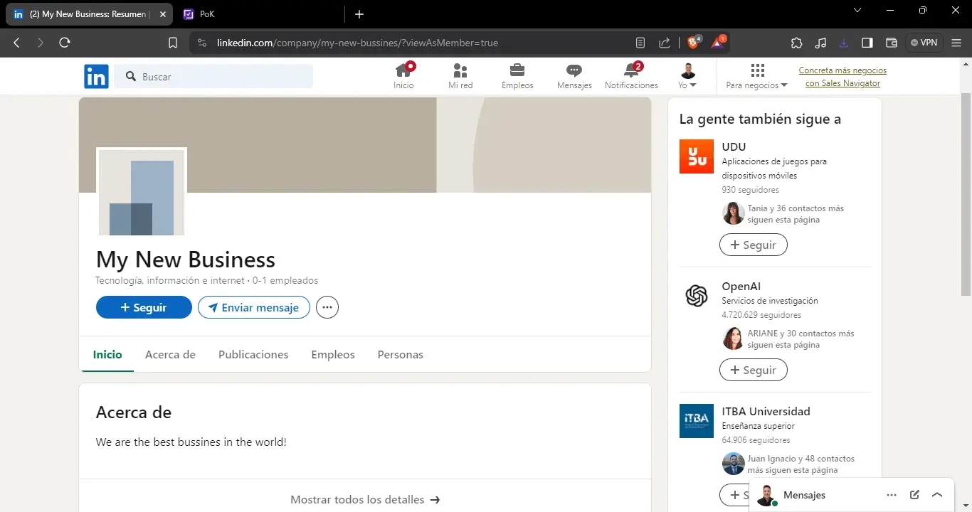 Cómo pegar la URL de la página de empresa en el campo Enlace a perfil de usuario en POK