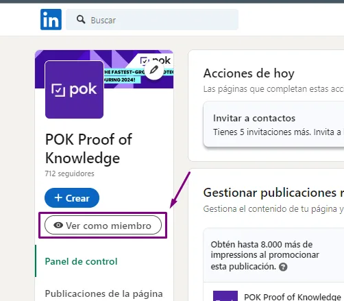 La opción Ver como miembro en una página educativa de LinkedIn