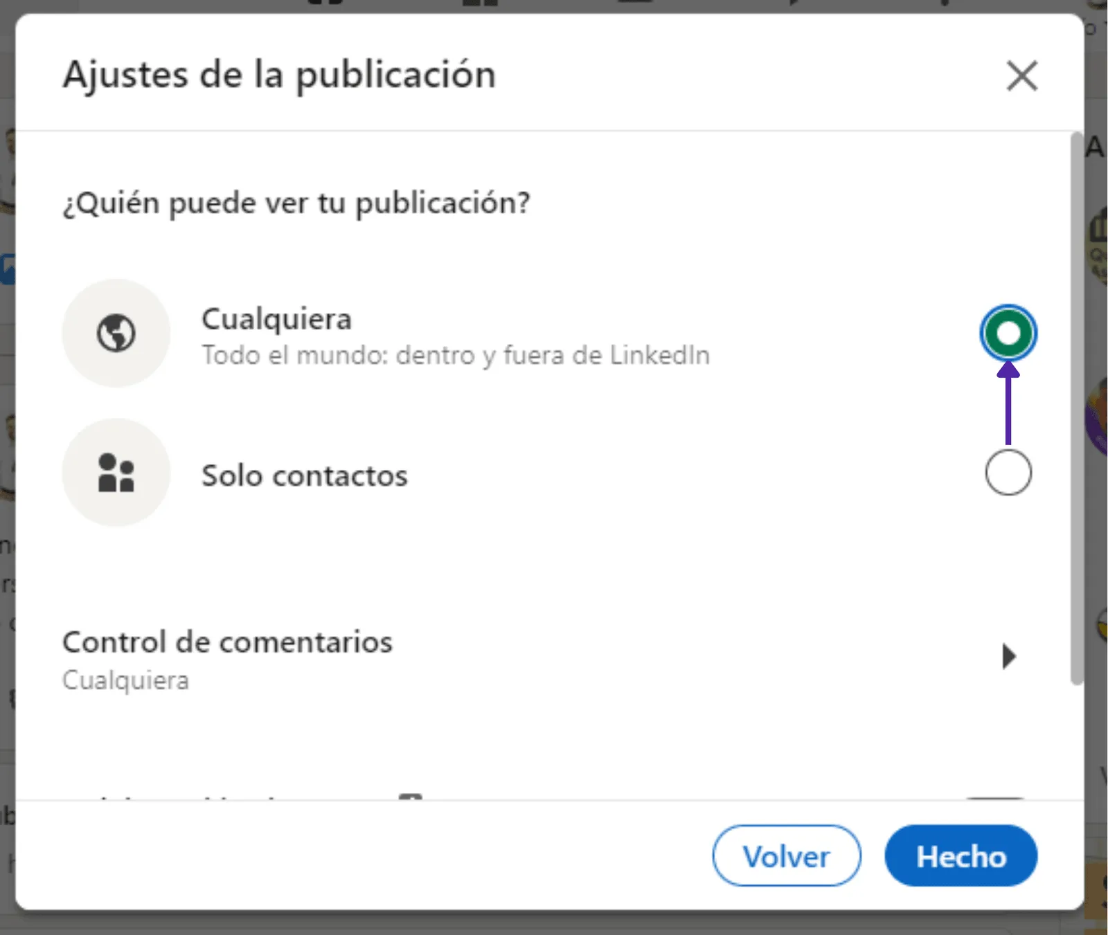 Configuración de visibilidad de LinkedIn con la opción Cualquiera dentro y fuera de LinkedIn seleccionada