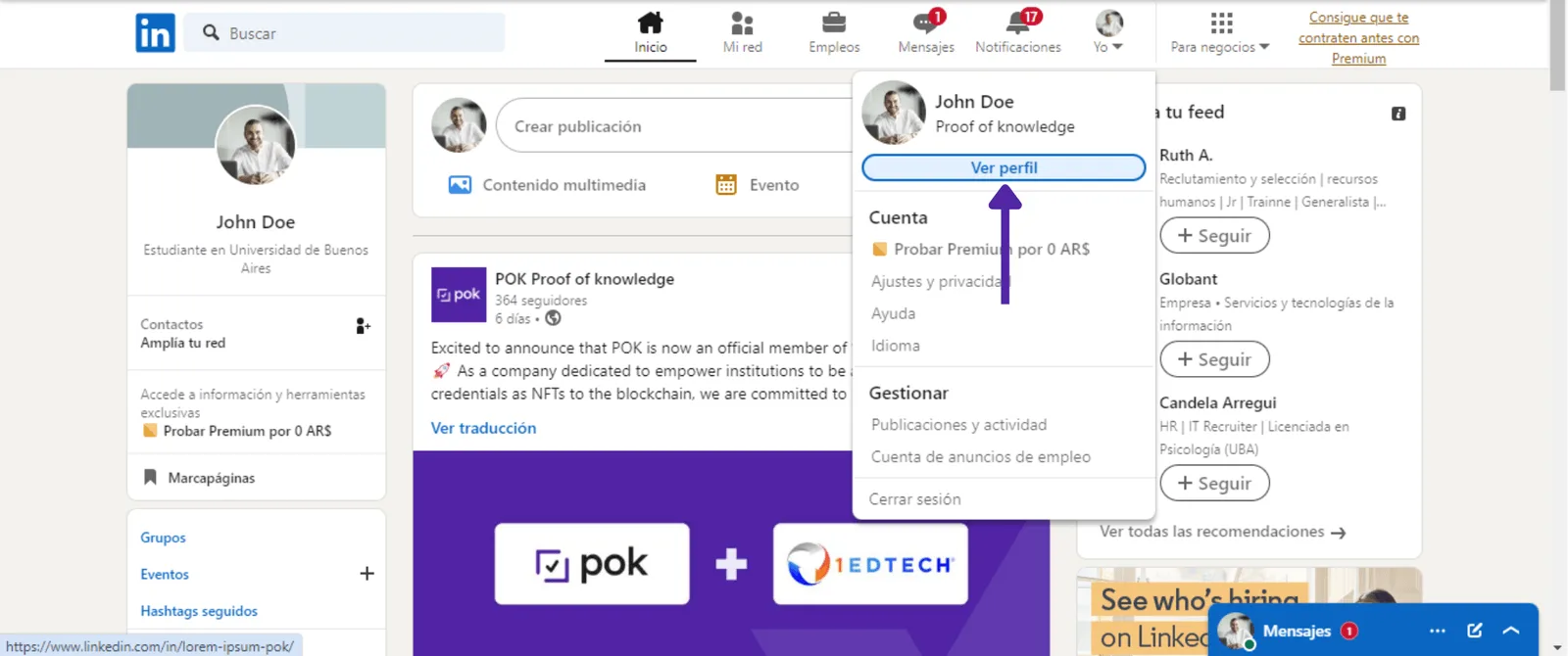 La opción Ver perfil en el menú de la cuenta de LinkedIn
