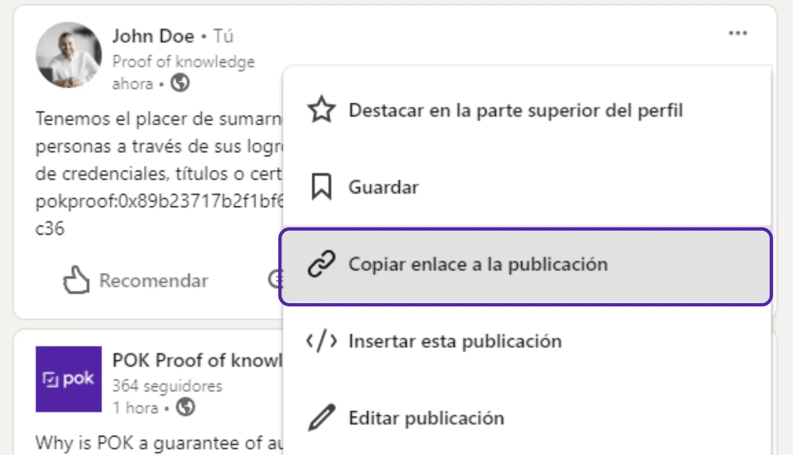 Menú de la publicación de LinkedIn con la opción Copiar enlace a la publicación resaltada