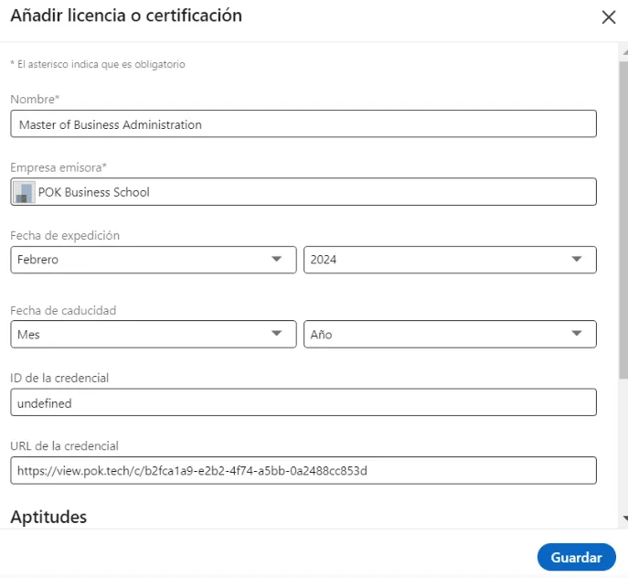 Formulario de LinkedIn para añadir el certificado como licencia o certificación