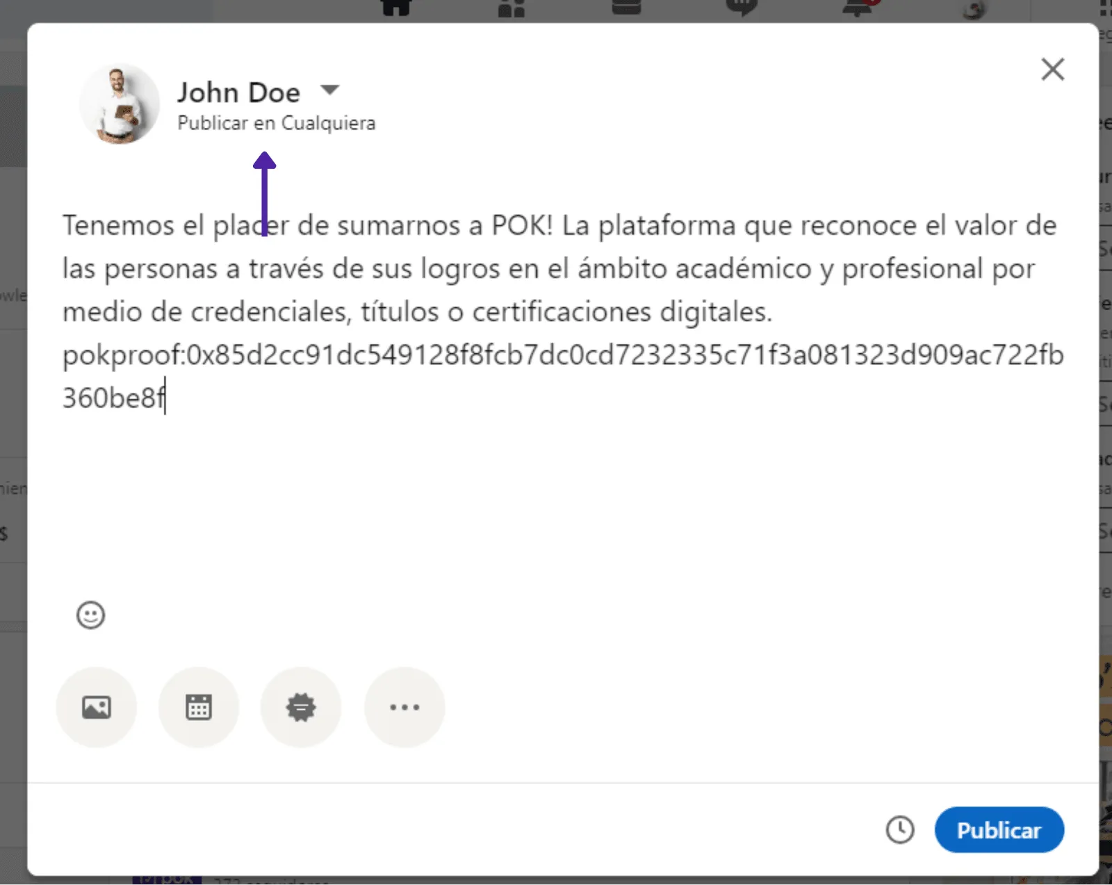 Editor de publicaciones de LinkedIn con el texto del POK Proof pegado
