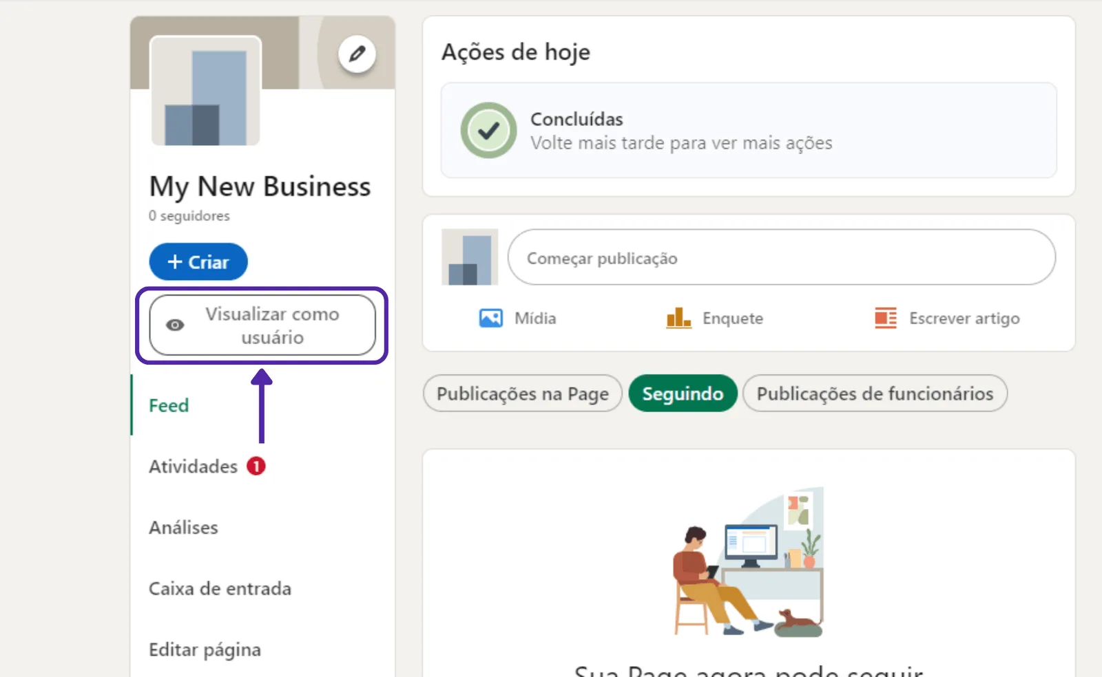 Visão de administrador do LinkedIn com a opção 'Visualizar como usuário' em destaque