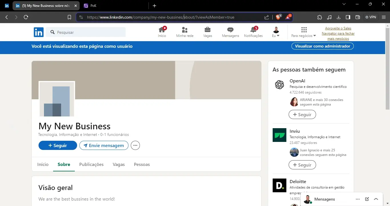 Cópia da URL da página de empresa e colagem no campo 'Link do perfil do usuário' no POK