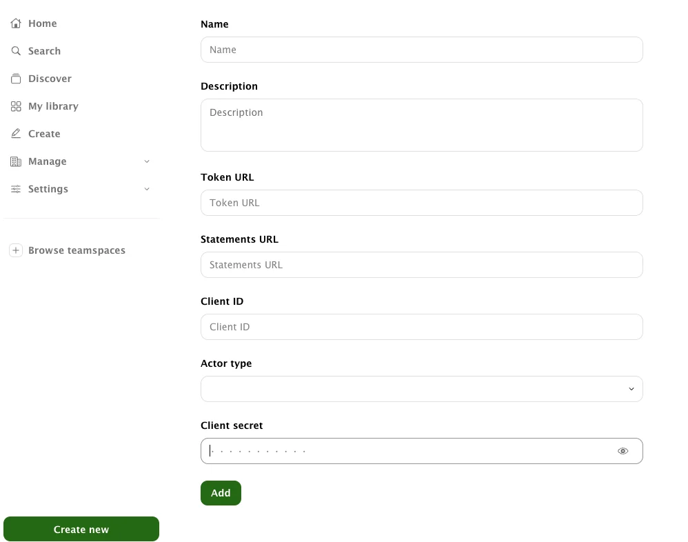 Formulário de integração xAPI do Sana com o Token URL, o Statements URL, o Client ID e o Client Secret de OAuth2, e o Actor type em Account
