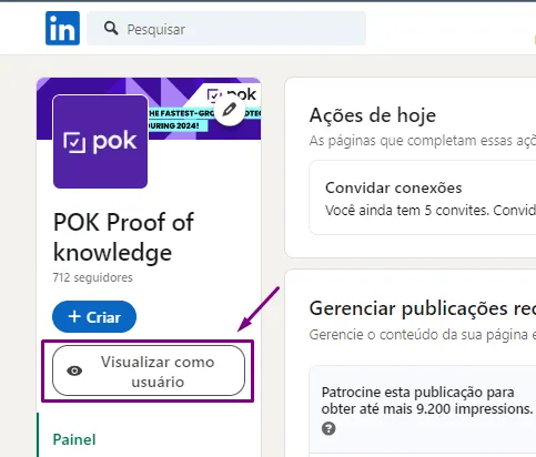 Visão de administrador da página educativa com a opção 'Visualizar como usuário' em destaque