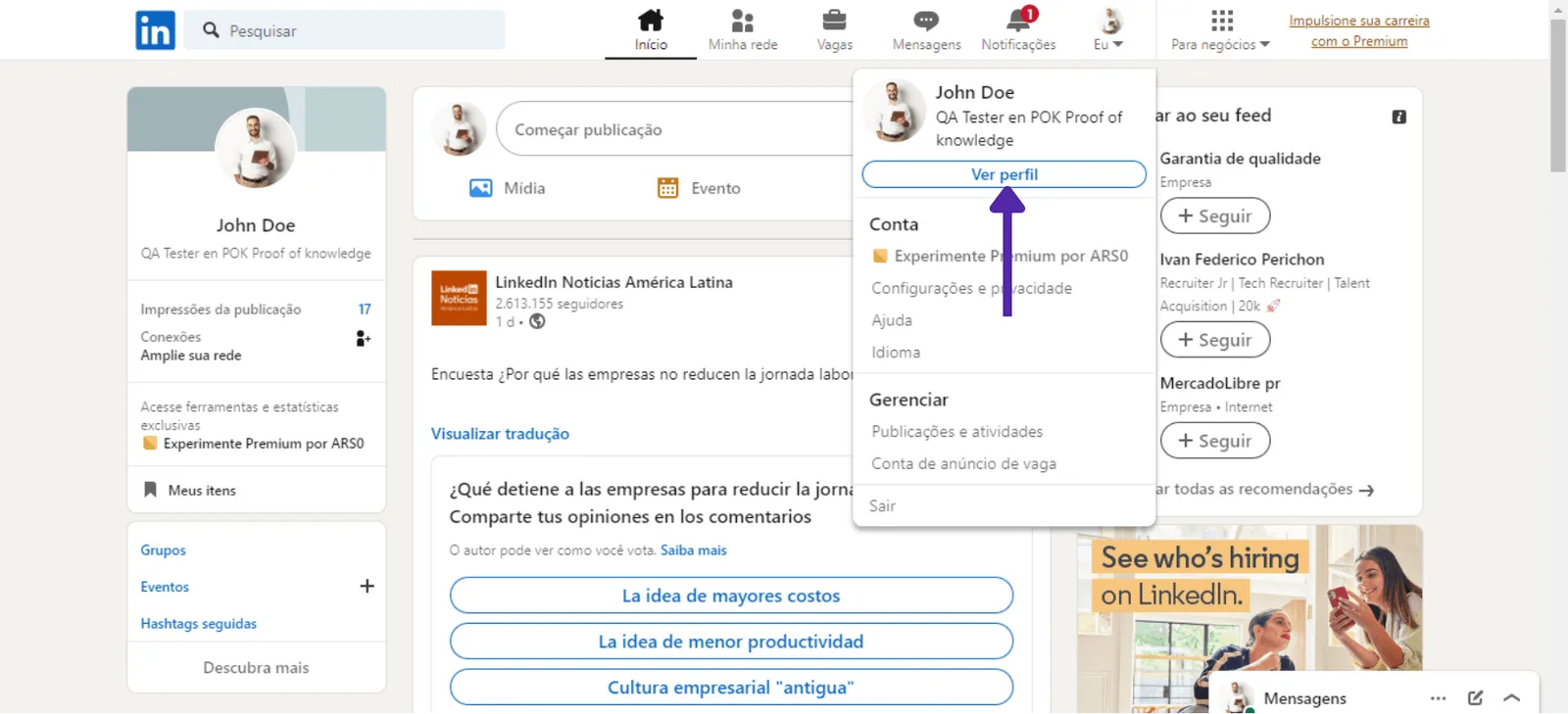 Menu do LinkedIn com a opção 'Ver Perfil'