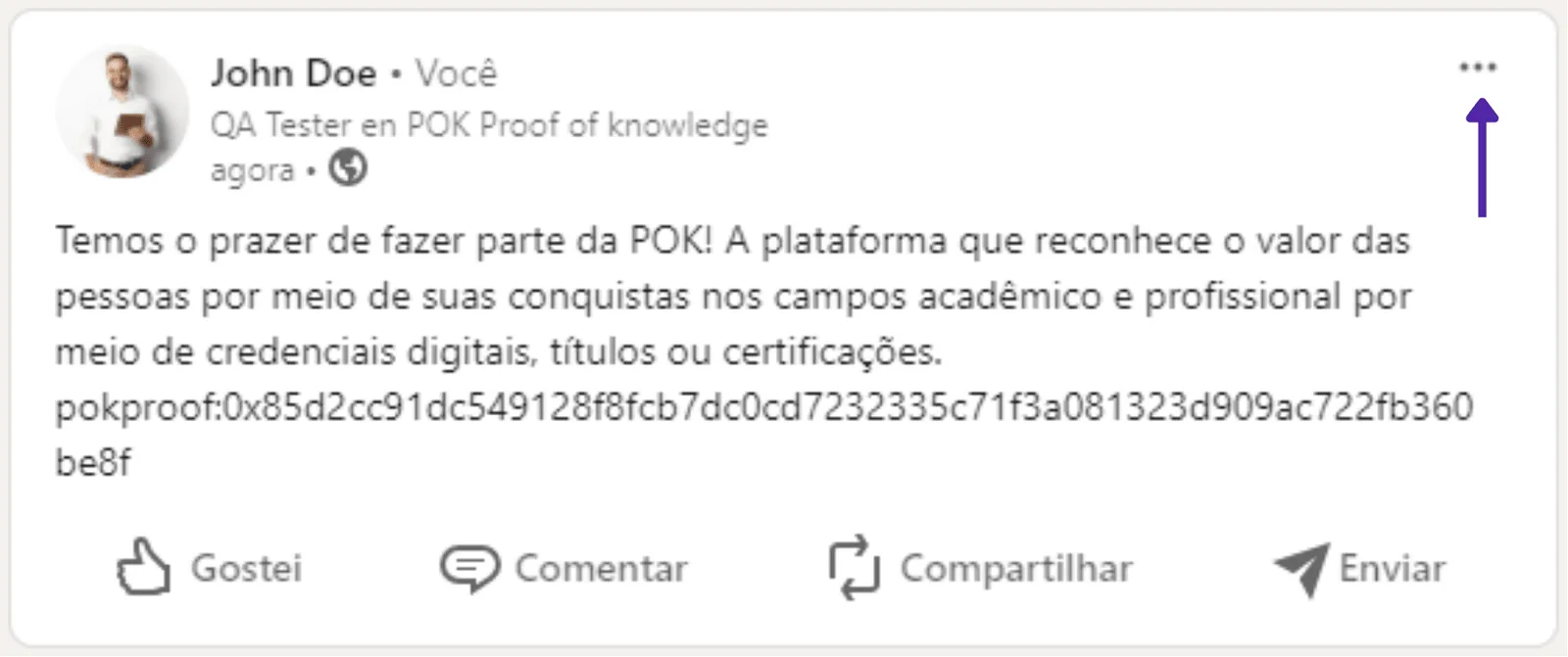 Menu de três pontos no topo de uma publicação do LinkedIn