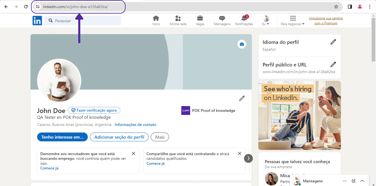 Barra de endereços do navegador mostrando a URL do perfil do LinkedIn