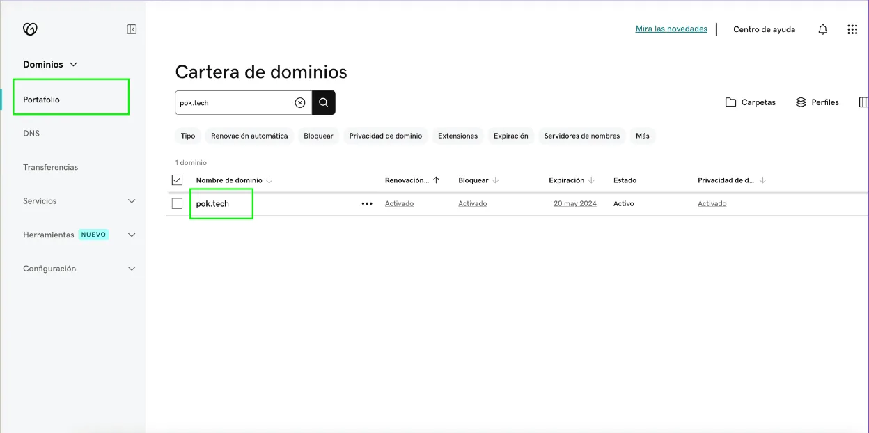 Portfolio do GoDaddy com a lista de domínios
