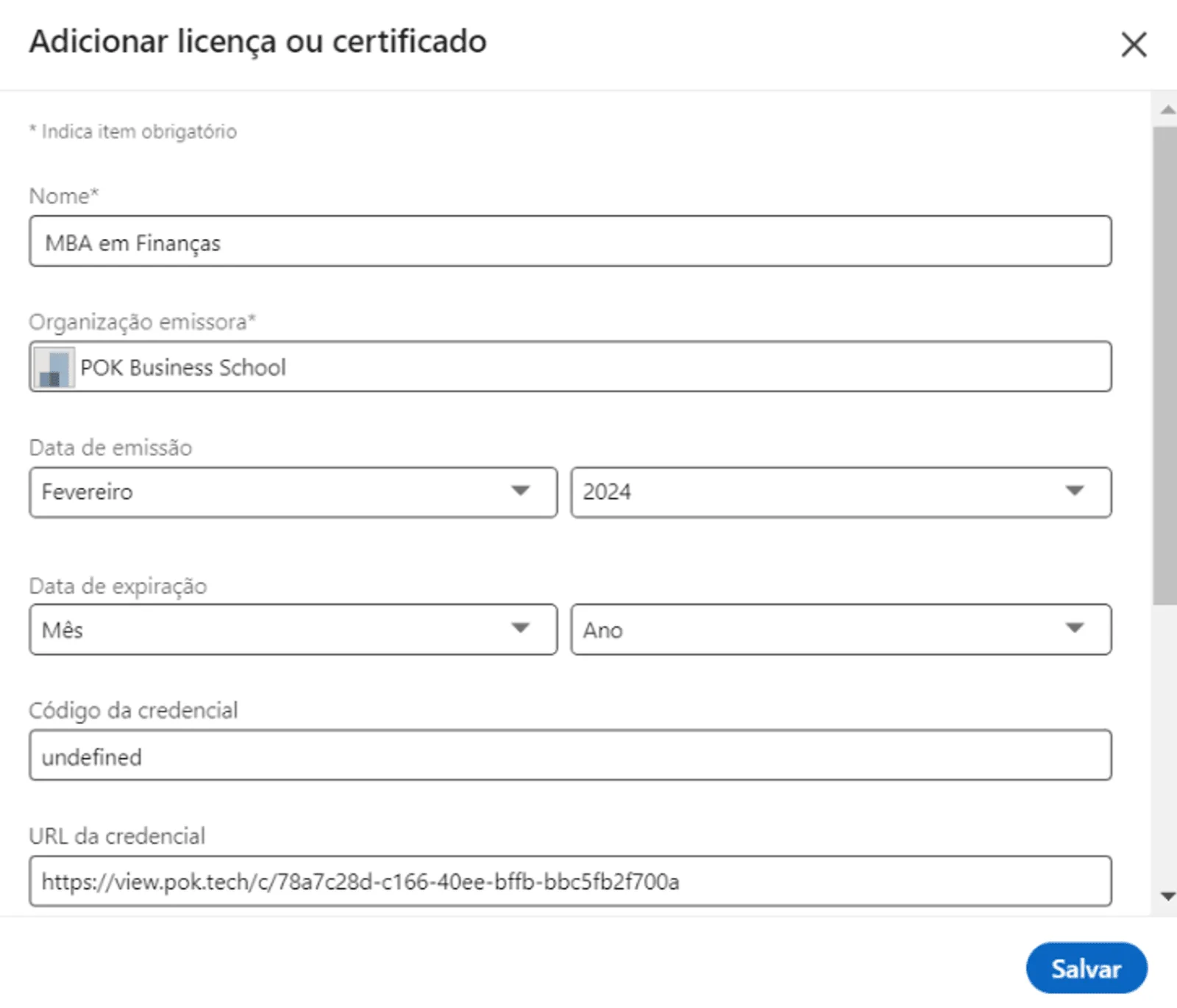 Formulário do LinkedIn para adicionar o certificado como licença ou certificado