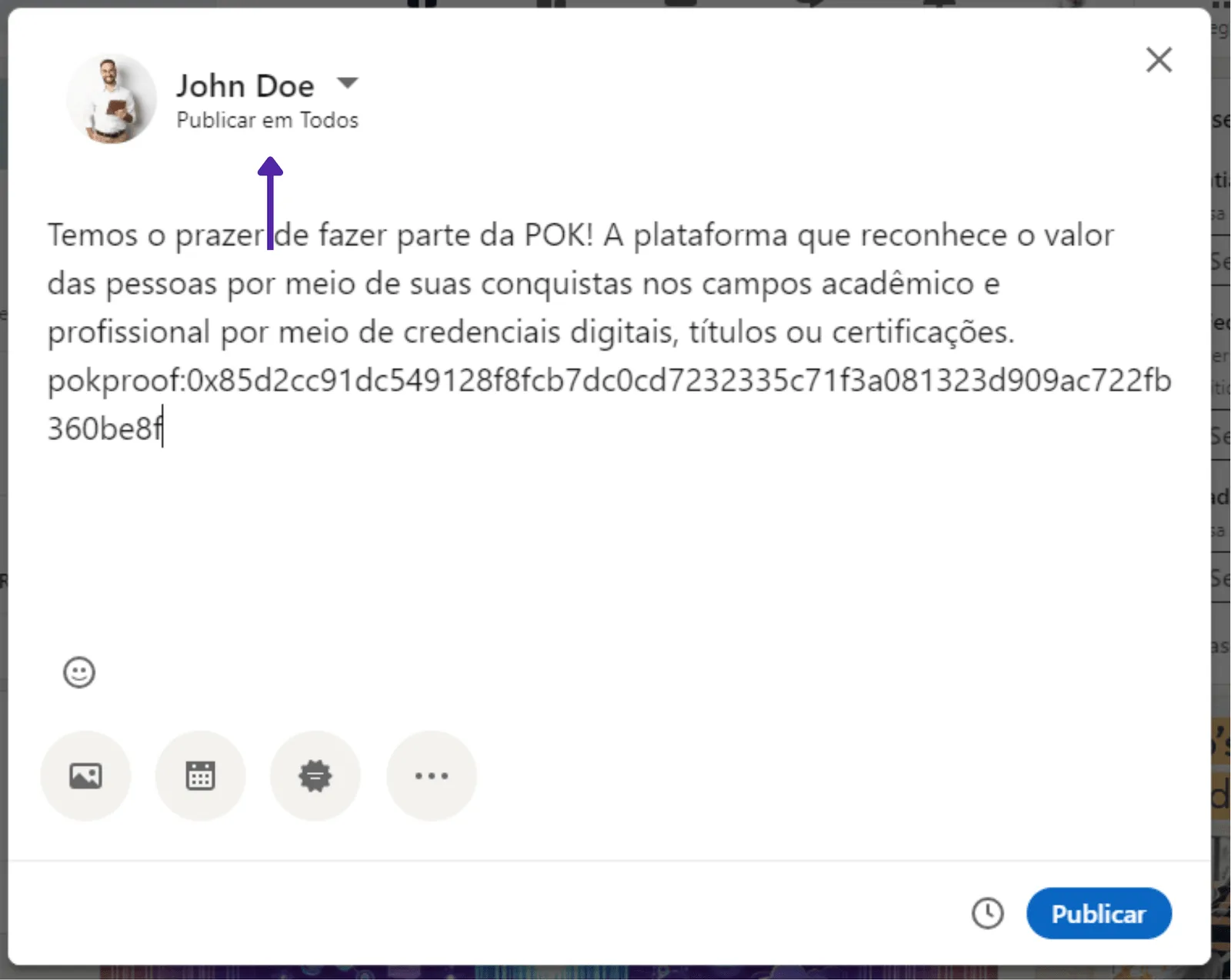 Editor de postagens do LinkedIn com o texto do POK Proof colado