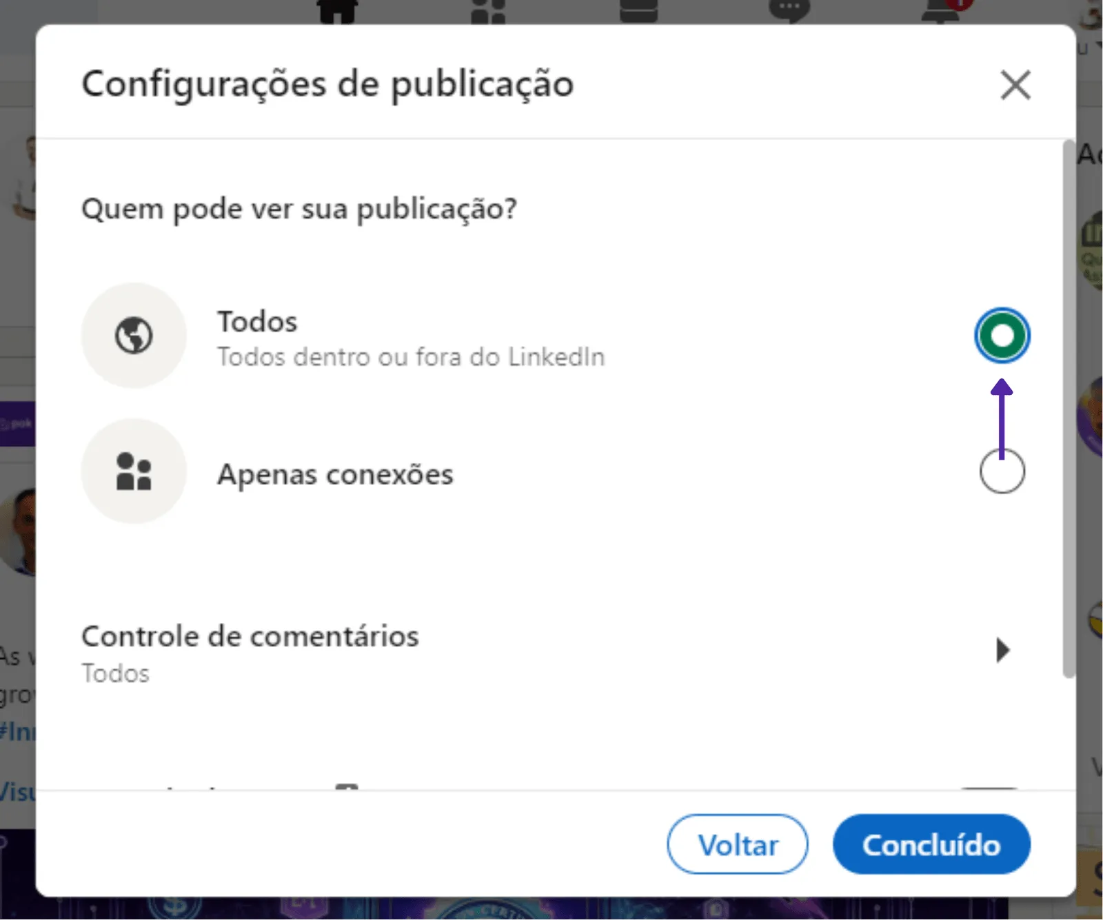 Configurações de visibilidade da postagem com 'Qualquer pessoa dentro ou fora do LinkedIn' selecionado