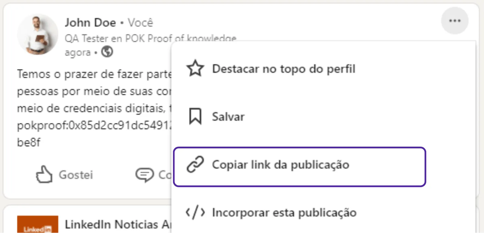 Opção 'Copiar link da postagem' no menu do LinkedIn